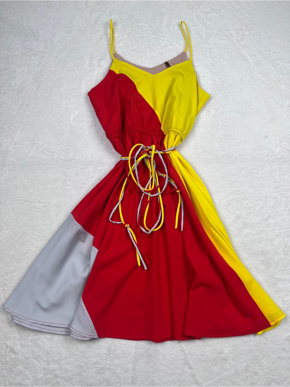 Cocolove Color Block Spaghetti Strap Midi Dress Red Yellow White XS S
